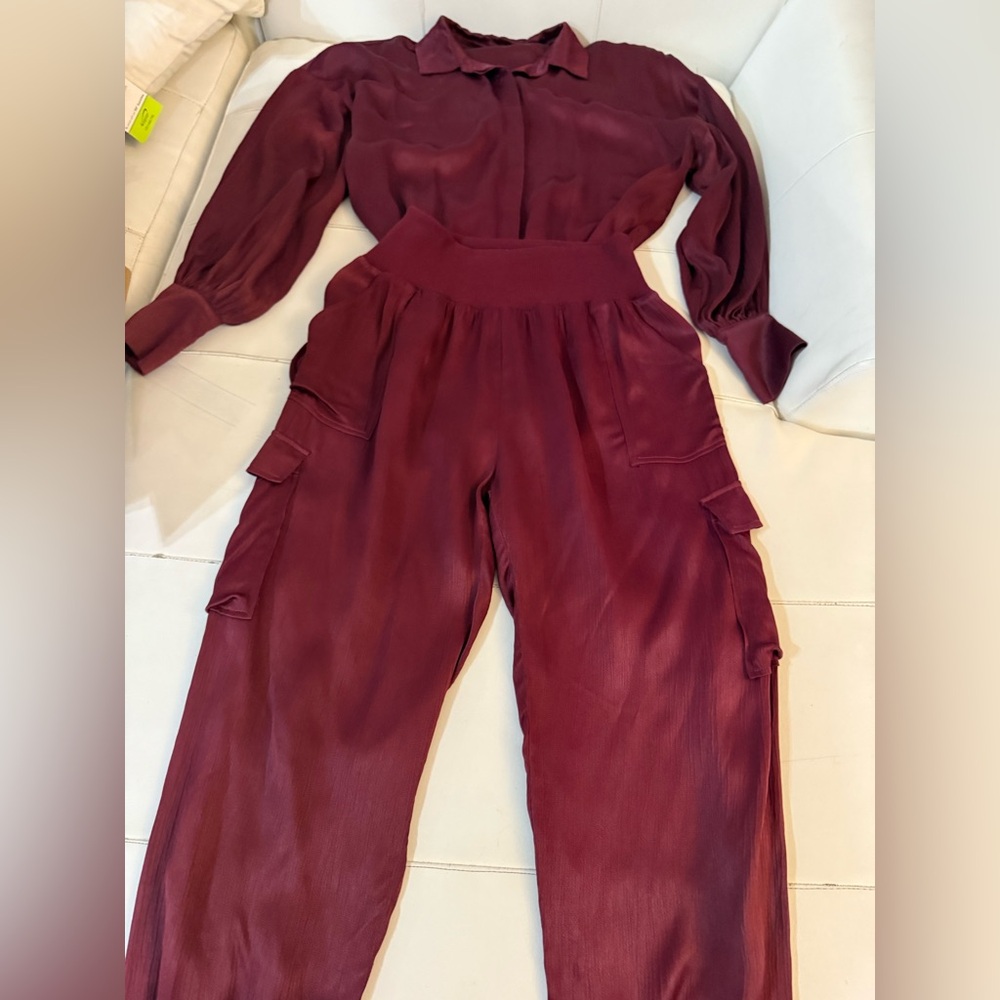 Bobi Black satin two piece coord matching set Burgundy top & pants small